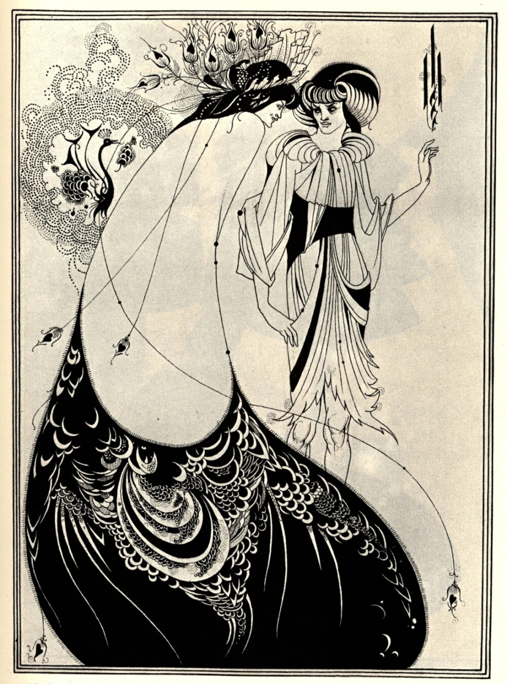 奥伯利·比亚兹莱（Aubrey Beardsley）是十九世纪末英国插画艺术家之一，受到过日本艺术的影响，也是唯美主义运动的先驱。他的画风受拉斐尔前派、印象派、古典主义、巴洛克、日本浮世绘等风格的影响，但又独具一格，具有强烈的个人风格，尤其是对线条的出色运用和黑白画的创造性成就。
