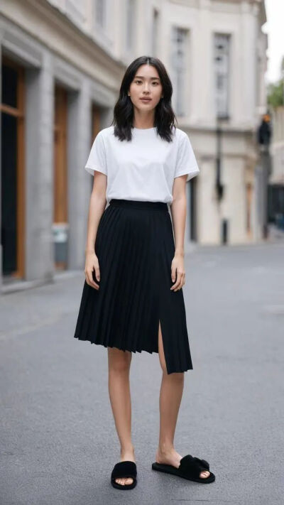 上:白T⊕下:中长黑裙~