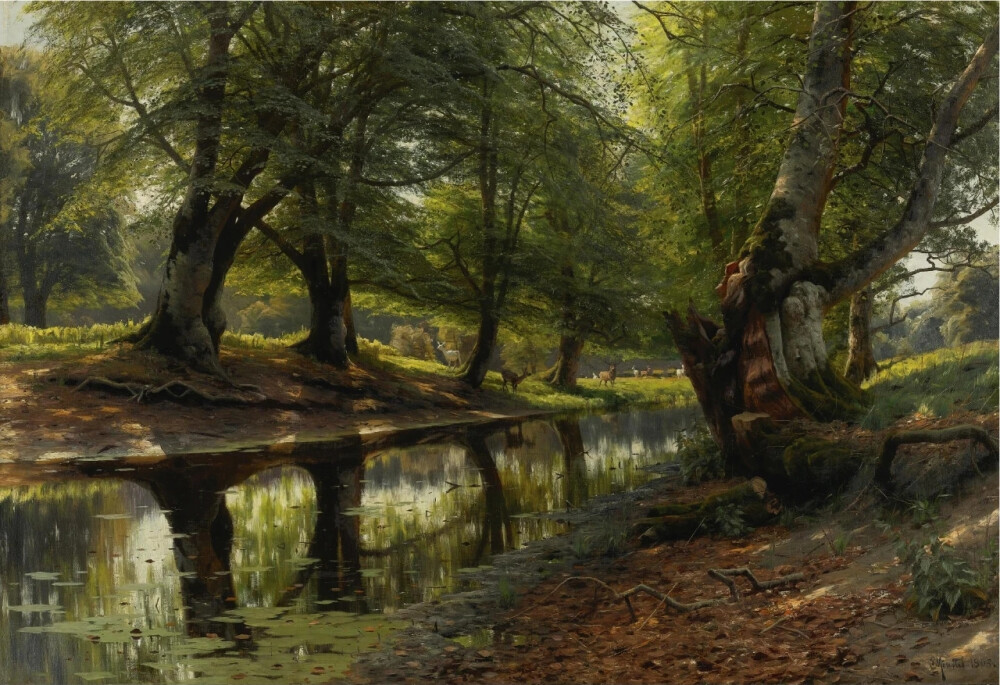 蒙森德，Peder Mørk Mønsted，（1859 -1941） 丹麦的现实主义画家，以他的风景画最为出名。他运用印象派对光、气氛和色彩的影响，成为许多其他印象派画家拒绝的传统学术手稿的基础。他的森林空地有时是黑暗的，小溪、池塘和反射池的私密景色常常与印象派作品中的光一样，都是关于阴影的。