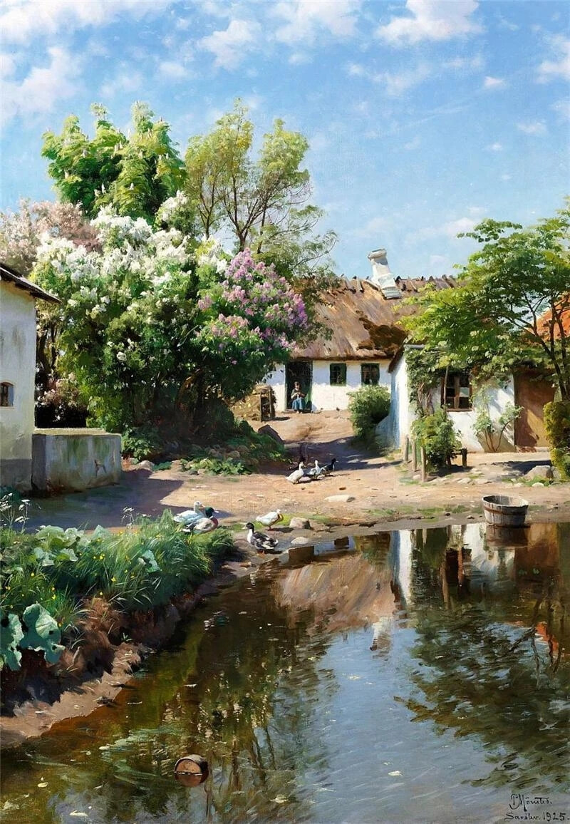 蒙森德，Peder Mørk Mønsted，（1859 -1941） 丹麦的现实主义画家，以他的风景画最为出名。他运用印象派对光、气氛和色彩的影响，成为许多其他印象派画家拒绝的传统学术手稿的基础。他的森林空地有时是黑暗的，小溪、池塘和反射池的私密景色常常与印象派作品中的光一样，都是关于阴影的。