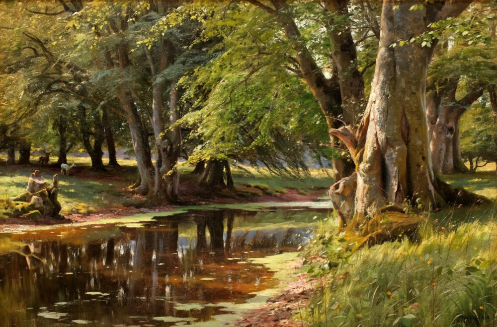 蒙森德，Peder Mørk Mønsted，（1859 -1941） 丹麦的现实主义画家，以他的风景画最为出名。他运用印象派对光、气氛和色彩的影响，成为许多其他印象派画家拒绝的传统学术手稿的基础。他的森林空地有时是黑暗的，小溪、池塘和反射池的私密景色常常与印象派作品中的光一样，都是关于阴影的。