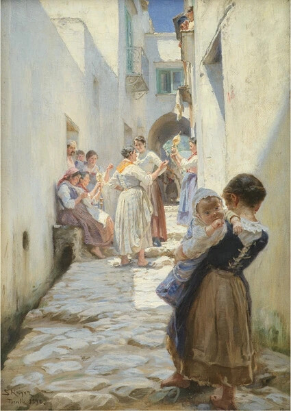 佩德·塞弗林·克罗耶（Peder Severin Krøyer，1851年-1909年）是丹麦艺术家中杰出的一位。克罗耶的视力使他在生命的最后十年逐渐失败，直到他完全失明。尽管有健康障碍，他还是个乐观主义者，几乎画到最后。实际上，他在半盲时画了他的一些最后的杰作，开玩笑说他的一只工作眼睛的视力随着另一只眼睛的消失而变得更好。
