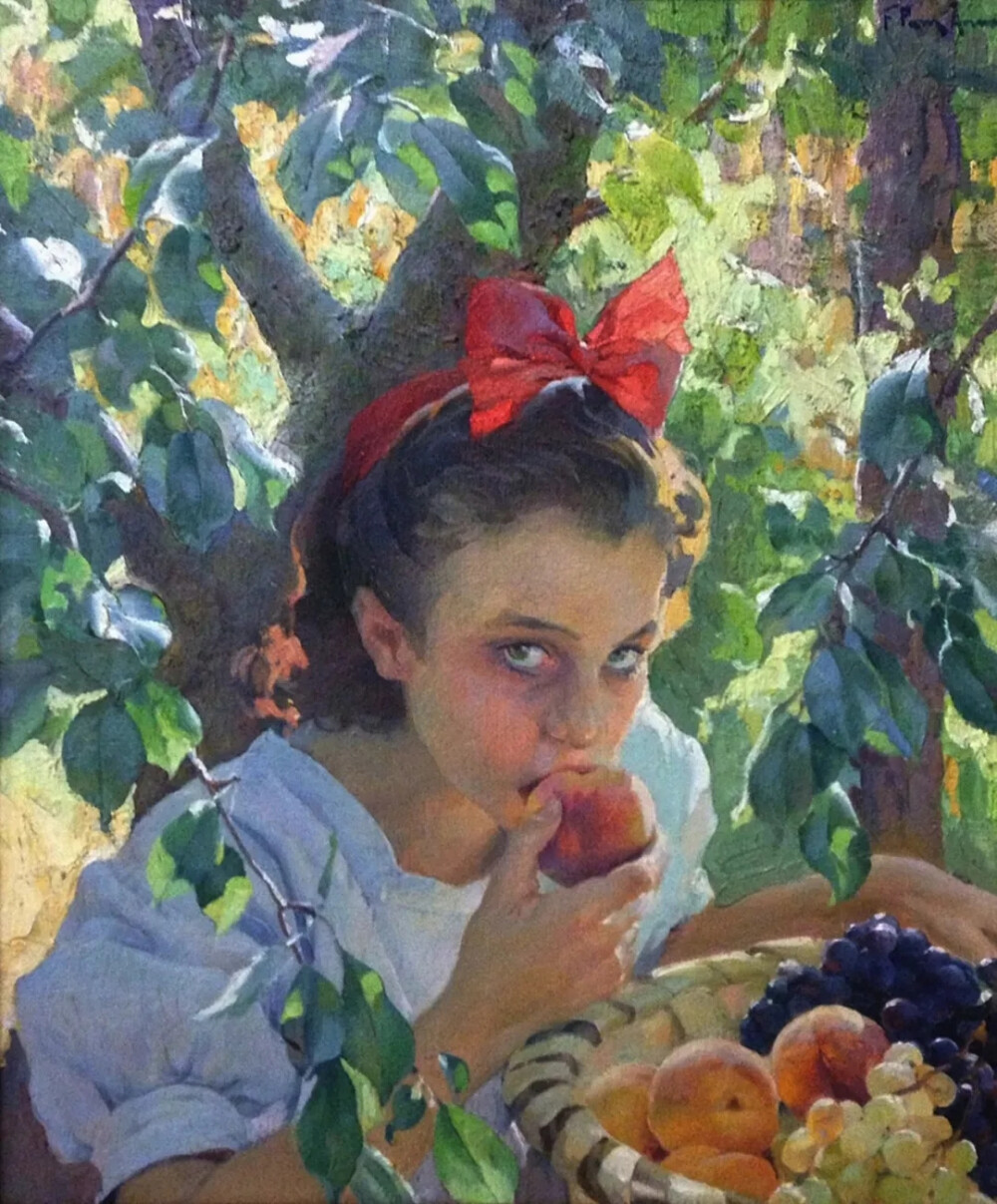 《吃水果》
Comiendo fruta
弗朗西斯科·庞斯·阿诺
 (Francisco Pons Arnau,1886-1955)
1910年，60.2x50.5 cm
瓦伦西亚美术馆 藏
新艺术风格 art Nouveau
