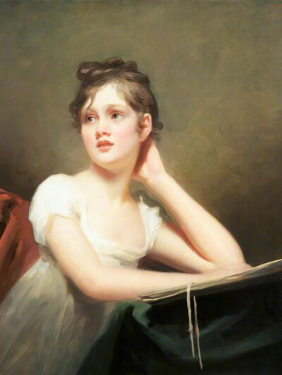 Sir Henry Raeburn
1756-1823
夜晚的时光属于一个人的主宰。少女穿着白色的睡裙坐在桌头，摊开一本乐谱，上一秒还在伏首阅读，下一秒却被一阵光亮吸引，露出孩子般的天真与烂漫。
亨利·雷伯恩爵士(SirHenryRaebur…