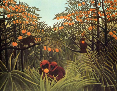 ▲亨利·卢梭，《猩猩在橙色的灌木丛中》
Henri Rousseau, Apes in the Orange Grove, 1910
