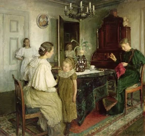 维果·约翰森（Viggo Johansen，丹麦1851 – 1935 ）画作的主题多是关于妇女、孩子和家庭生活的。受17世纪荷兰绘画的启发，那时北欧艺术家们经常描绘寻常妇女忙于各种家务的场景