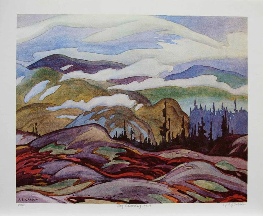 A.J. 卡森（Alfred Joseph Casson）是加拿大七位志同道合的风景画家中的一员，活跃于20世纪早期。卡森从事水彩画、油画和版画创作，在他的风景画中既捕捉到了大地的自然风光，也捕捉到了他自己迷人的视野。其中，树木、岩石和其他自然形态的形状具有肌肉的力量和半抽象的几何结构，有点像托马斯·哈特·本顿遇见塞尚。
