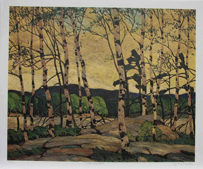 A.J. 卡森（Alfred Joseph Casson）是加拿大七位志同道合的风景画家中的一员，活跃于20世纪早期。卡森从事水彩画、油画和版画创作，在他的风景画中既捕捉到了大地的自然风光，也捕捉到了他自己迷人的视野。其中，树木、岩石和其他自然形态的形状具有肌肉的力量和半抽象的几何结构，有点像托马斯·哈特·本顿遇见塞尚。
