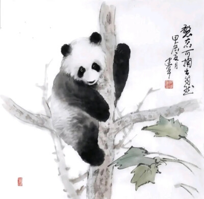 大熊猫，这一珍稀的国宝，以其憨态可掬的模样和温和的性情，深受世人的喜爱。而当它跃然于水墨画的宣纸之上时，更是展现出了一种别样的神韵。