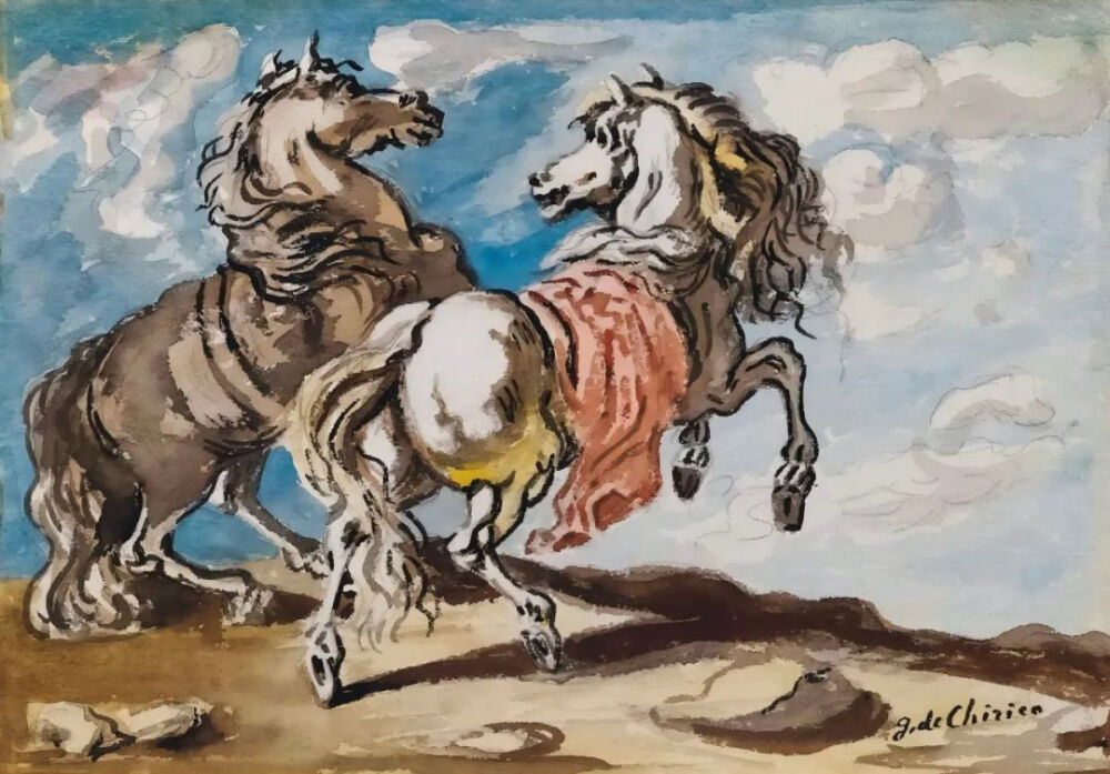 Cavalli impennati,Late 1940s,
Watercolour and pencil on card,24.9x35cm
