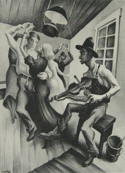 托马斯·哈特·本通（Thomas Hart Benton）美国画家和壁画家。与格兰特·伍德(Grant Wood)和约翰·斯图阿尔特·柯里(John Steuart Curry)一样，是地方主义艺术运动的先锋。在他的绘画中，流动的雕塑人物展现了美国生活场…