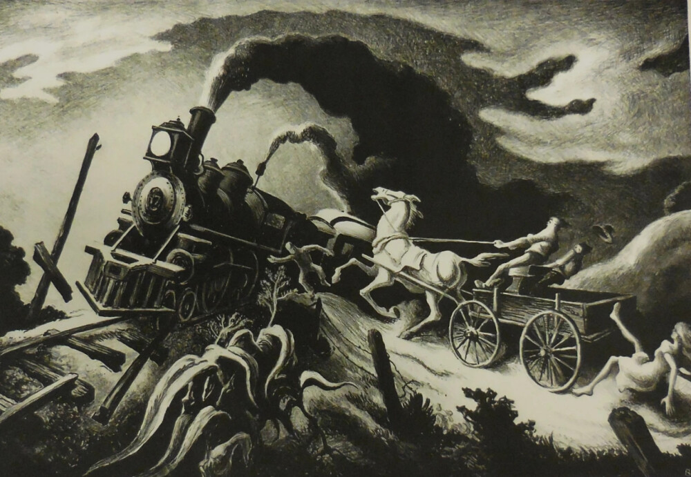 托马斯·哈特·本通（Thomas Hart Benton）美国画家和壁画家。与格兰特·伍德(Grant Wood)和约翰·斯图阿尔特·柯里(John Steuart Curry)一样，是地方主义艺术运动的先锋。在他的绘画中，流动的雕塑人物展现了美国生活场景中的普通人。