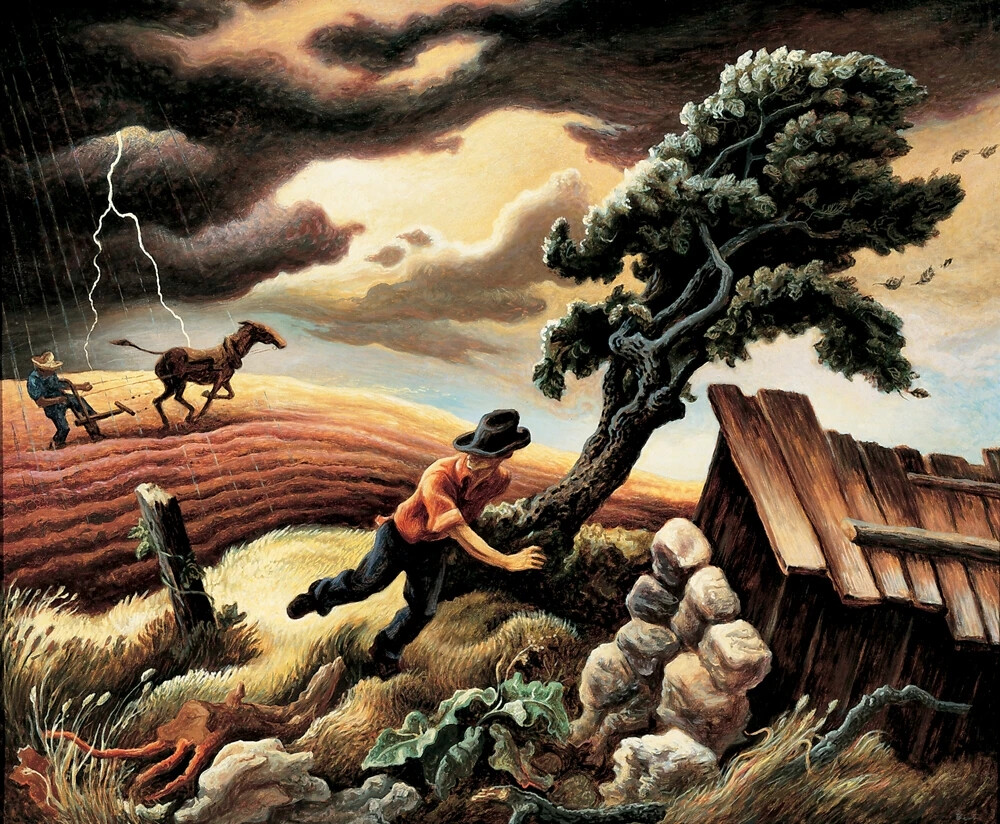 托马斯·哈特·本通（Thomas Hart Benton）美国画家和壁画家。与格兰特·伍德(Grant Wood)和约翰·斯图阿尔特·柯里(John Steuart Curry)一样，是地方主义艺术运动的先锋。在他的绘画中，流动的雕塑人物展现了美国生活场景中的普通人。