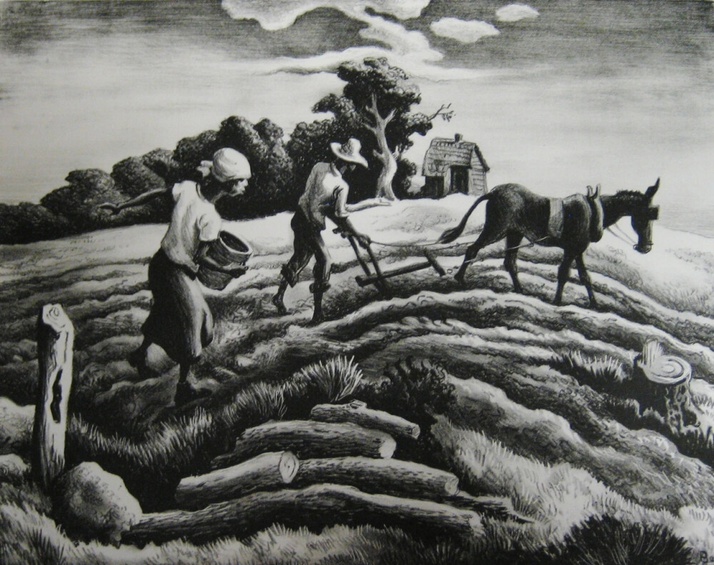 托马斯·哈特·本通（Thomas Hart Benton）美国画家和壁画家。与格兰特·伍德(Grant Wood)和约翰·斯图阿尔特·柯里(John Steuart Curry)一样，是地方主义艺术运动的先锋。在他的绘画中，流动的雕塑人物展现了美国生活场景中的普通人。