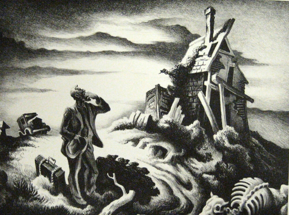 托马斯·哈特·本通（Thomas Hart Benton）美国画家和壁画家。与格兰特·伍德(Grant Wood)和约翰·斯图阿尔特·柯里(John Steuart Curry)一样，是地方主义艺术运动的先锋。在他的绘画中，流动的雕塑人物展现了美国生活场景中的普通人。