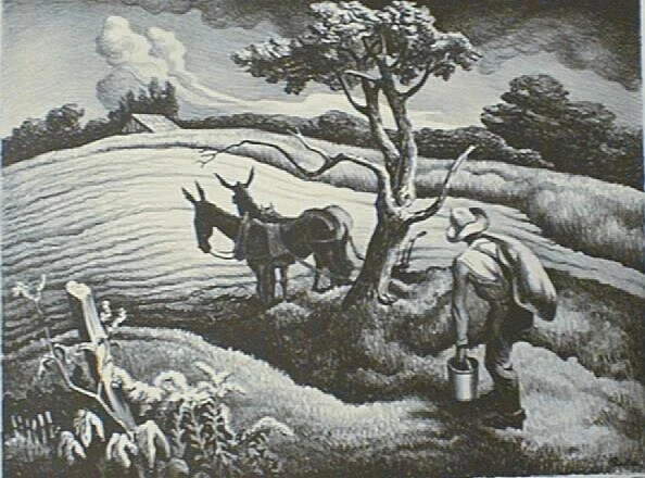 托马斯·哈特·本通（Thomas Hart Benton）美国画家和壁画家。与格兰特·伍德(Grant Wood)和约翰·斯图阿尔特·柯里(John Steuart Curry)一样，是地方主义艺术运动的先锋。在他的绘画中，流动的雕塑人物展现了美国生活场景中的普通人。