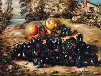 Vita silente di frutta in un paese,
1955,Oil on canvas,30x40.3cm
