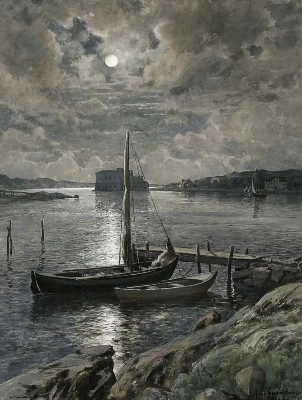 名称：月光下的马尔斯特兰
德（Marstrand in the moonlight)
作者：安娜．加迪．埃里克森
时间：1888年
同样的月光之下，海水中的一抹帆影幽幽地摆动着，晃出如绸的质感，也晃出了夜曲的节奏。
