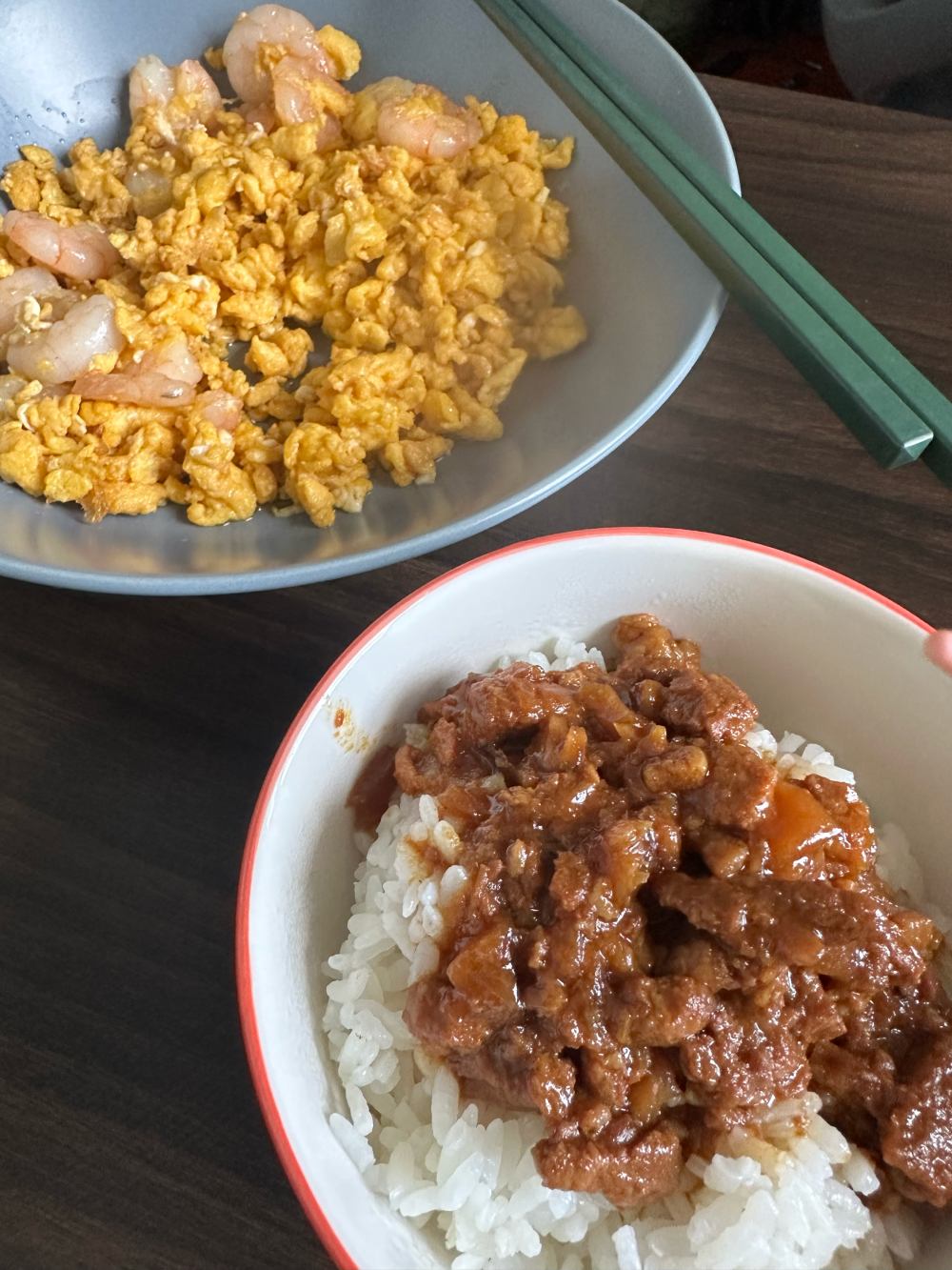 虾仁炒蛋+卤肉饭～