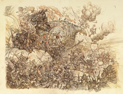 插画家Justin Gerard宏大的手绘插画作品《五军之战》（The Battle of Five Armies）
