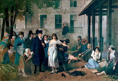 Painting by Tony Robert-Fleury of French psychiatrist Philippe Pinel  releasing lunatics from their chains at the Salpêtrière asylum in Paris in 1795