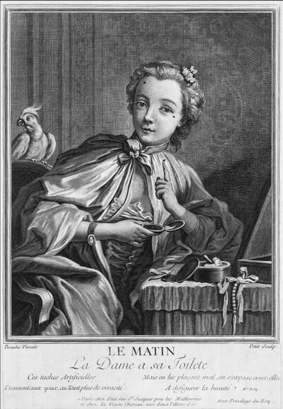 Engraving by Gilles Edmé Petit, “The Morning or Lady at her Toilet”, showing application of patches,1745-1760
 Metropolitan Museum of Art
