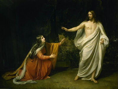 Appearance of Jesus Christ to Maria Magdalena (1835) by Alexander Andreyevich Ivanov. In John 20:1–13, Mary Magdalene sees the risen Jesus alone and he tells her "Don't touch me, for I have not yet a…