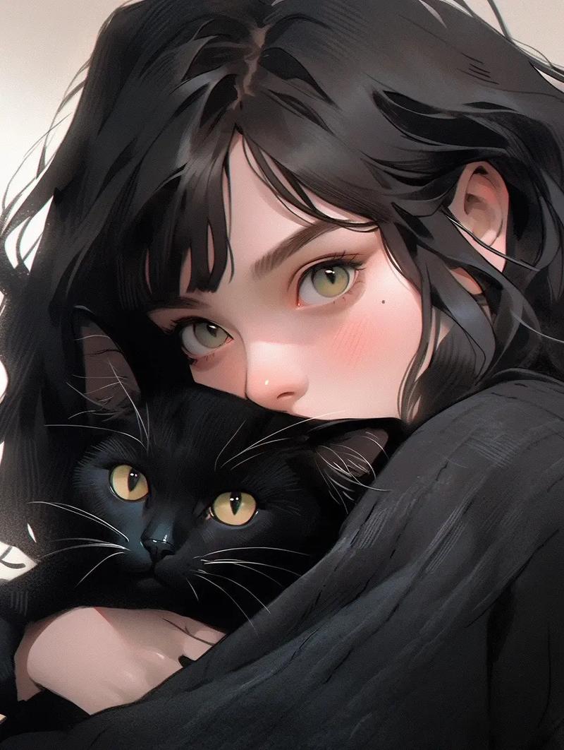抱猫女头手绘