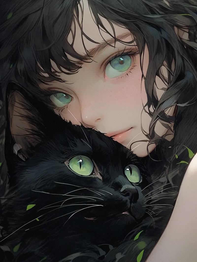 抱猫女头手绘