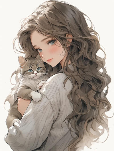 抱猫 女头 手绘