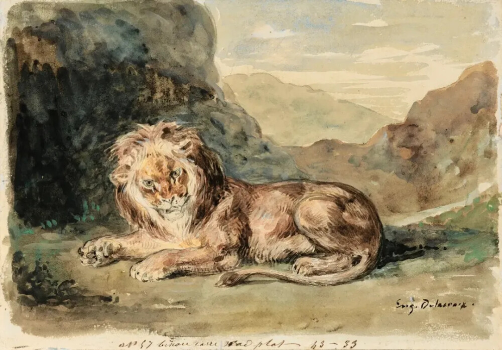 欧仁‧德拉克洛瓦
《风景中的卧狮》
（Lying Lion in a landscape）
19世纪创作。水彩，19.4cm×27cm
私人收藏
