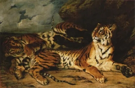 欧仁‧德拉克洛瓦
《与母虎玩耍的幼虎》
（Young Tiger Playing With Its Mother）
1830年，巴黎罗浮宫博物馆
