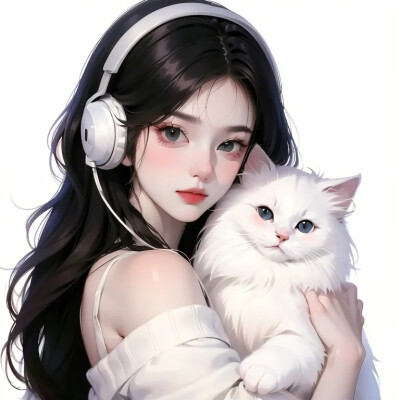 手绘 抱猫 女头