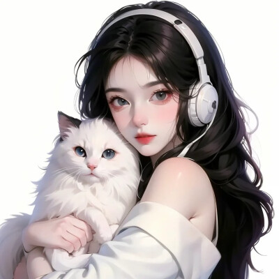 手绘 抱猫 女头