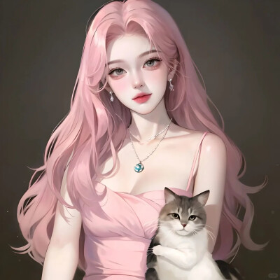 手绘 抱猫 女头