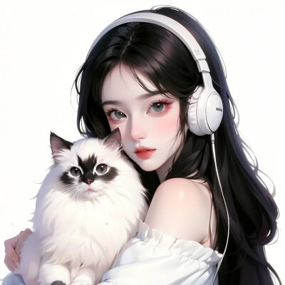 手绘 抱猫 女头