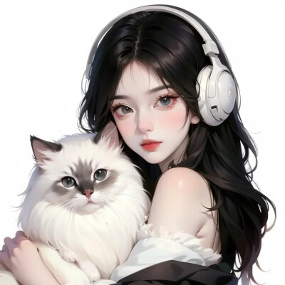 手绘 抱猫 女头