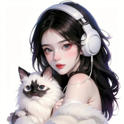 手绘 抱猫 女头