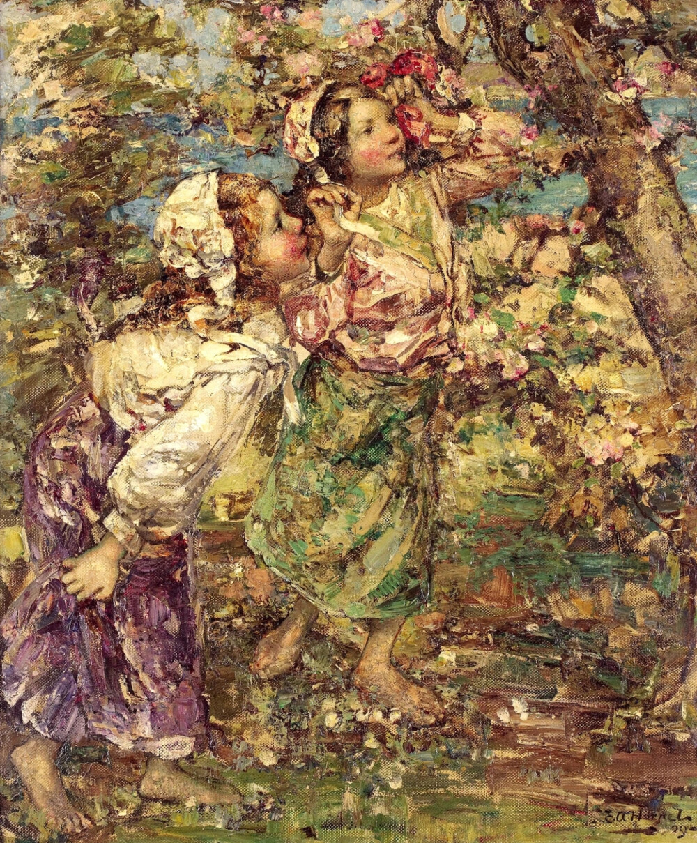 爱德华·阿特金森·何耐尔（Edward Atkinson Hornel）是苏格兰风景、花卉和树叶画家。他专注于捕捉自然主义的光，尤其是在风景人物画中。爱德华·阿特金森·何耐尔用调色刀直接上强烈色彩的这个绘画过程使得他的作品中有密集的笔触，这成为他作品的一个特点。