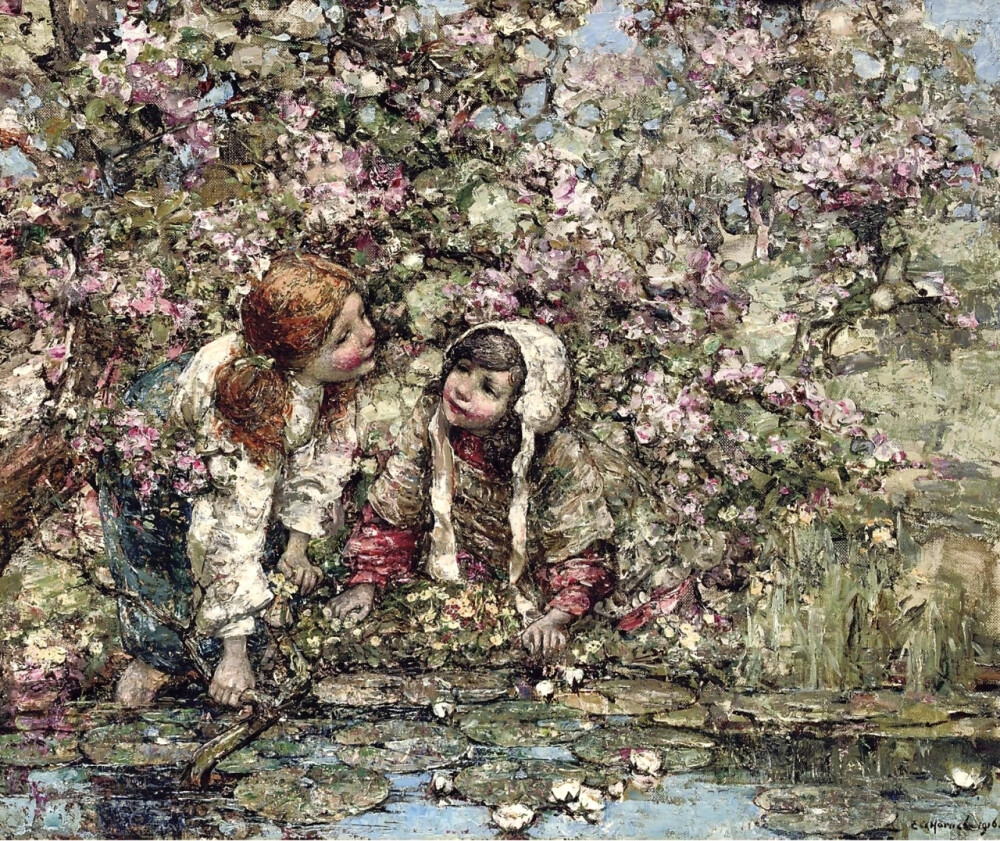 爱德华·阿特金森·何耐尔（Edward Atkinson Hornel）是苏格兰风景、花卉和树叶画家。他专注于捕捉自然主义的光，尤其是在风景人物画中。爱德华·阿特金森·何耐尔用调色刀直接上强烈色彩的这个绘画过程使得他的作品中有密集的笔触，这成为他作品的一个特点。