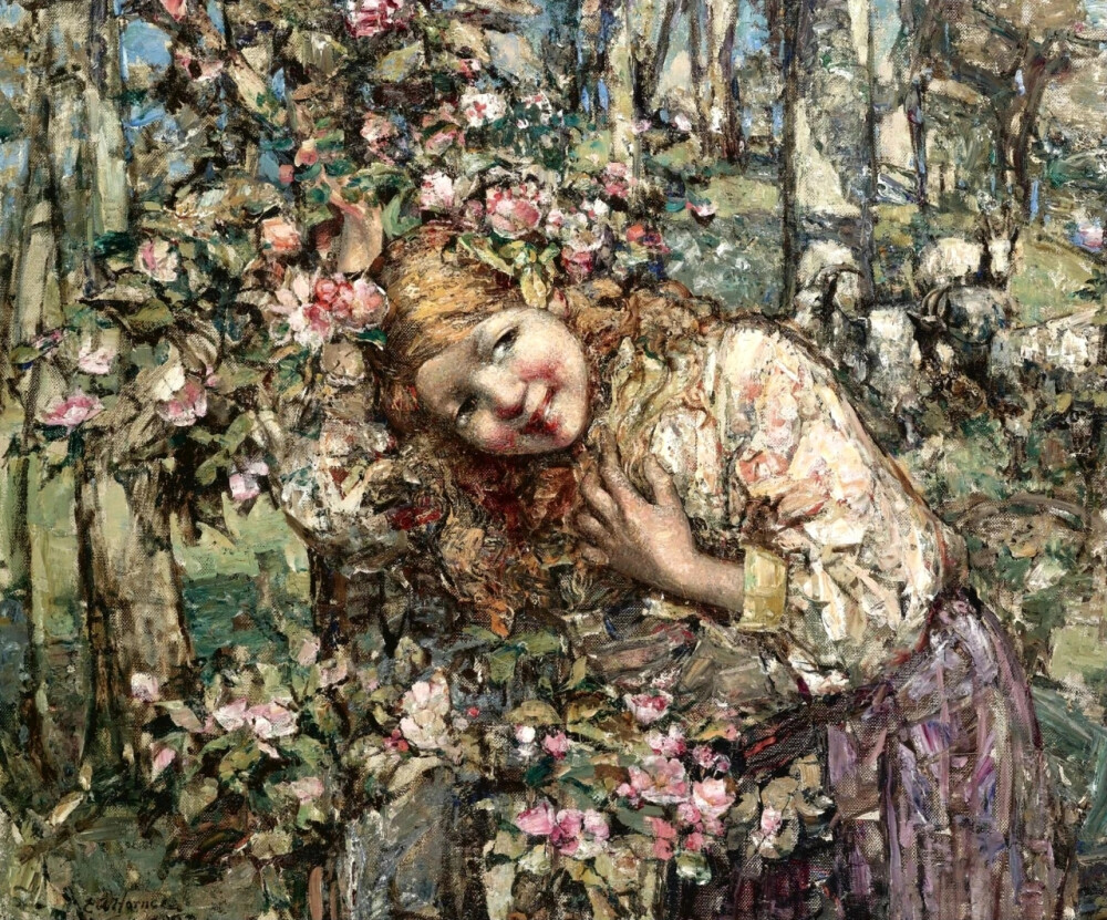 爱德华·阿特金森·何耐尔（Edward Atkinson Hornel）是苏格兰风景、花卉和树叶画家。他专注于捕捉自然主义的光，尤其是在风景人物画中。爱德华·阿特金森·何耐尔用调色刀直接上强烈色彩的这个绘画过程使得他的作品中有密集的笔触，这成为他作品的一个特点。