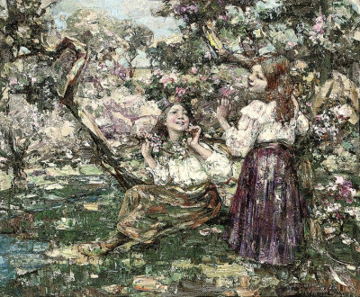 爱德华·阿特金森·何耐尔（Edward Atkinson Hornel）是苏格兰风景、花卉和树叶画家。他专注于捕捉自然主义的光，尤其是在风景人物画中。爱德华·阿特金森·何耐尔用调色刀直接上强烈色彩的这个绘画过程使得他的作品中有…