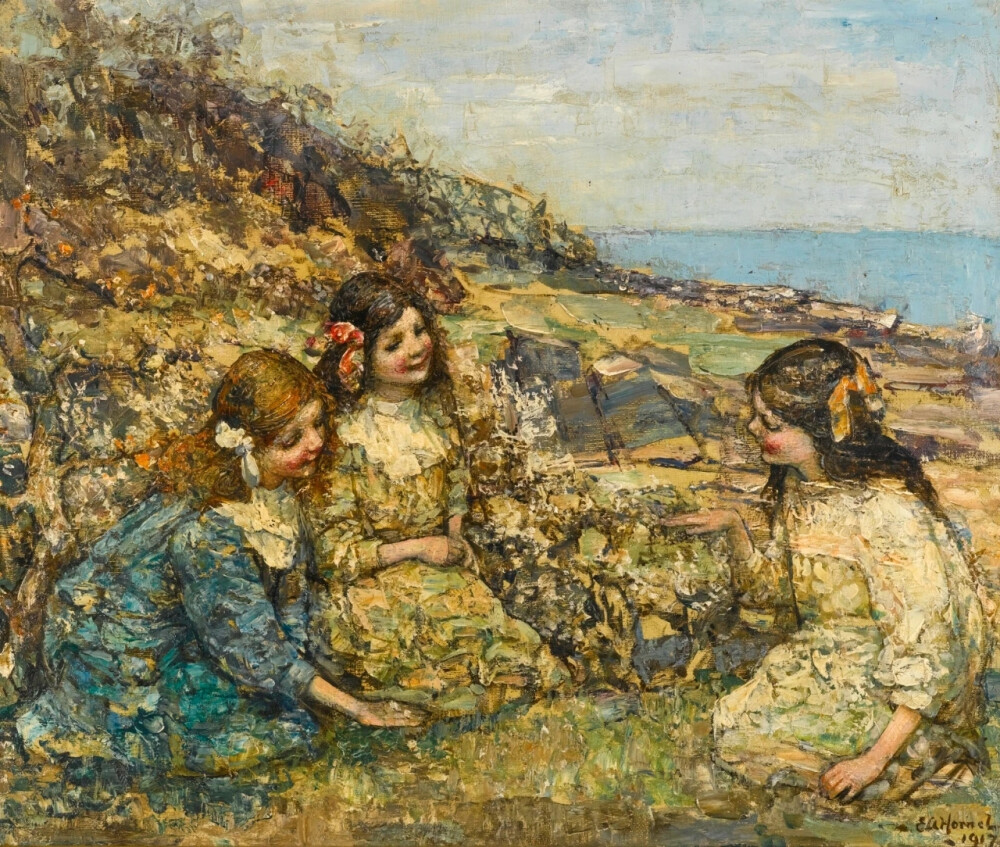 爱德华·阿特金森·何耐尔（Edward Atkinson Hornel）是苏格兰风景、花卉和树叶画家。他专注于捕捉自然主义的光，尤其是在风景人物画中。爱德华·阿特金森·何耐尔用调色刀直接上强烈色彩的这个绘画过程使得他的作品中有密集的笔触，这成为他作品的一个特点。