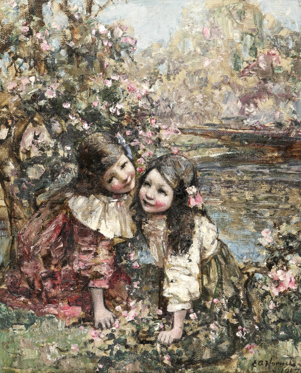 爱德华·阿特金森·何耐尔（Edward Atkinson Hornel）是苏格兰风景、花卉和树叶画家。他专注于捕捉自然主义的光，尤其是在风景人物画中。爱德华·阿特金森·何耐尔用调色刀直接上强烈色彩的这个绘画过程使得他的作品中有密集的笔触，这成为他作品的一个特点。