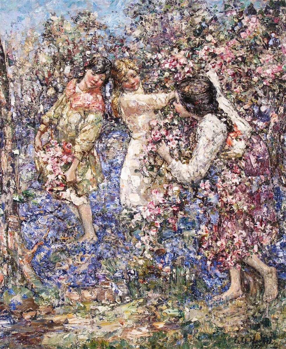 爱德华·阿特金森·何耐尔（Edward Atkinson Hornel）是苏格兰风景、花卉和树叶画家。他专注于捕捉自然主义的光，尤其是在风景人物画中。爱德华·阿特金森·何耐尔用调色刀直接上强烈色彩的这个绘画过程使得他的作品中有密集的笔触，这成为他作品的一个特点。