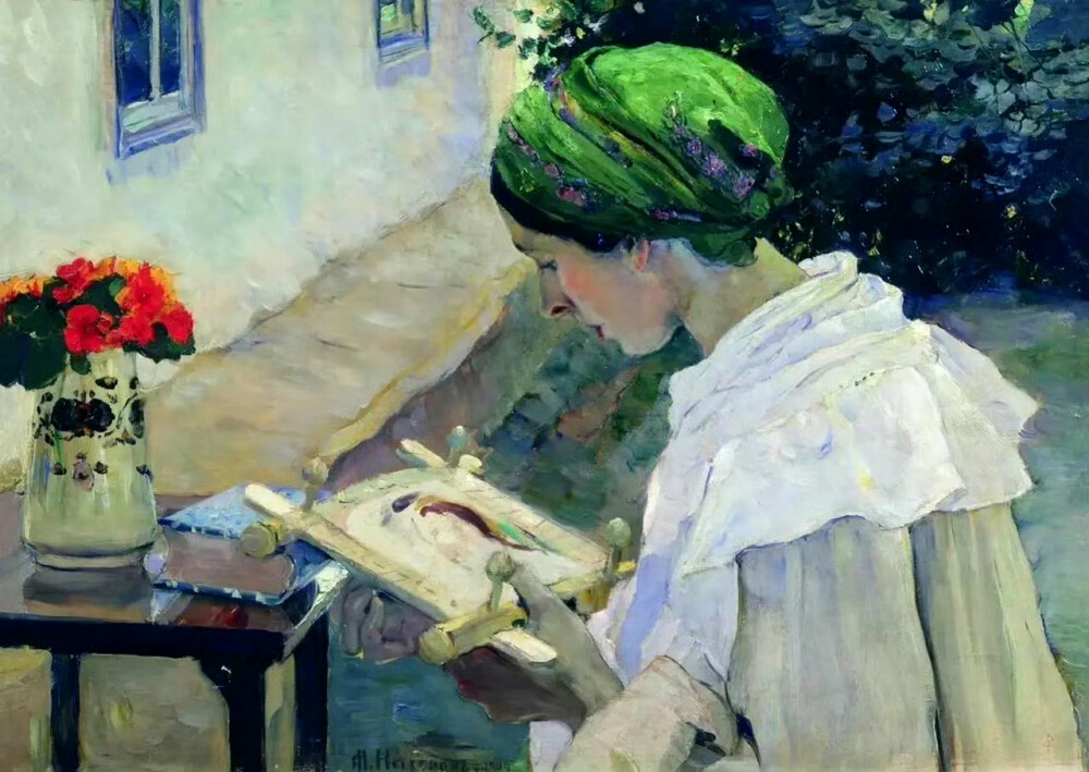 刺绣，1909年，俄罗斯画家Mikhail Nesterov ​​​