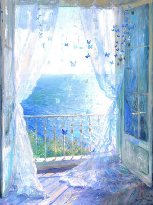 梦幻蓝 蝴蝶窗外的海