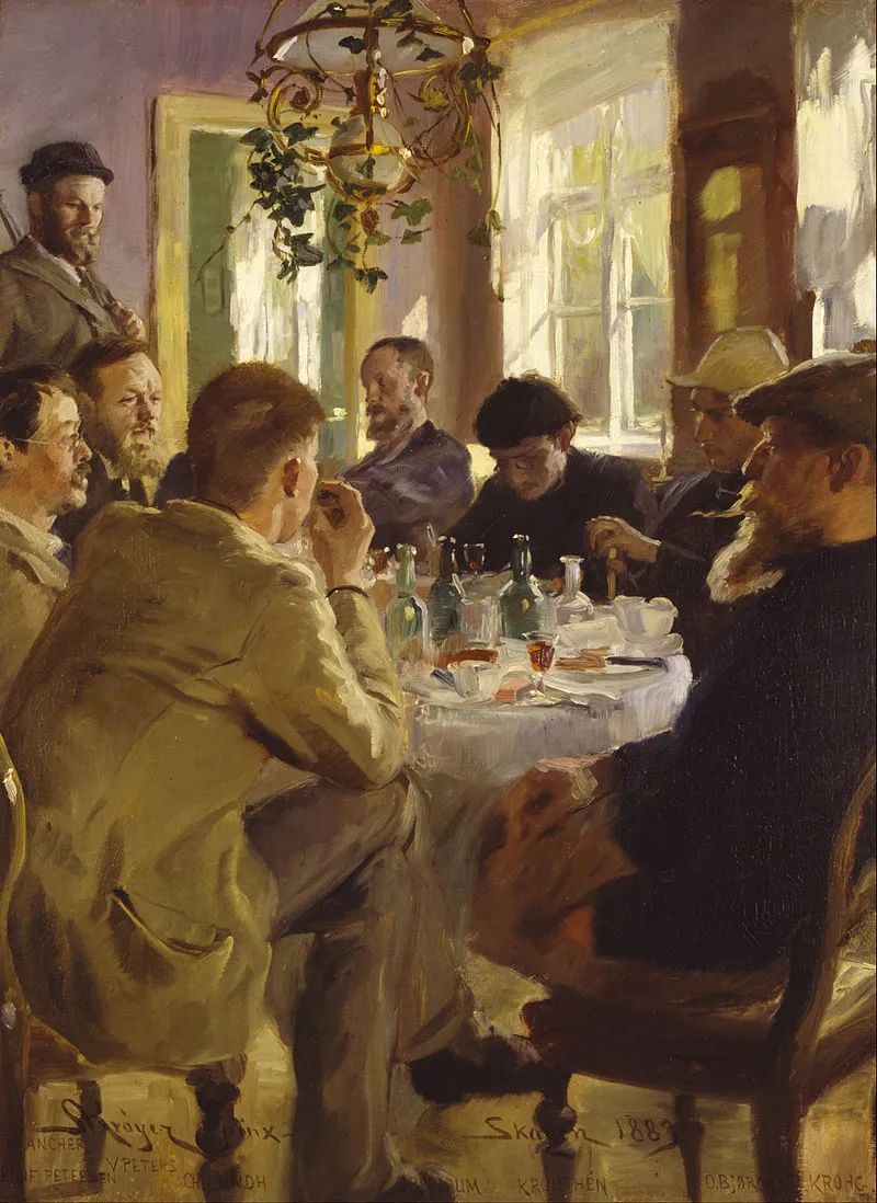 Peder Severin Krøyer：布伦杜姆酒店的艺术家午餐会，1883年
斯卡恩艺术博物馆
