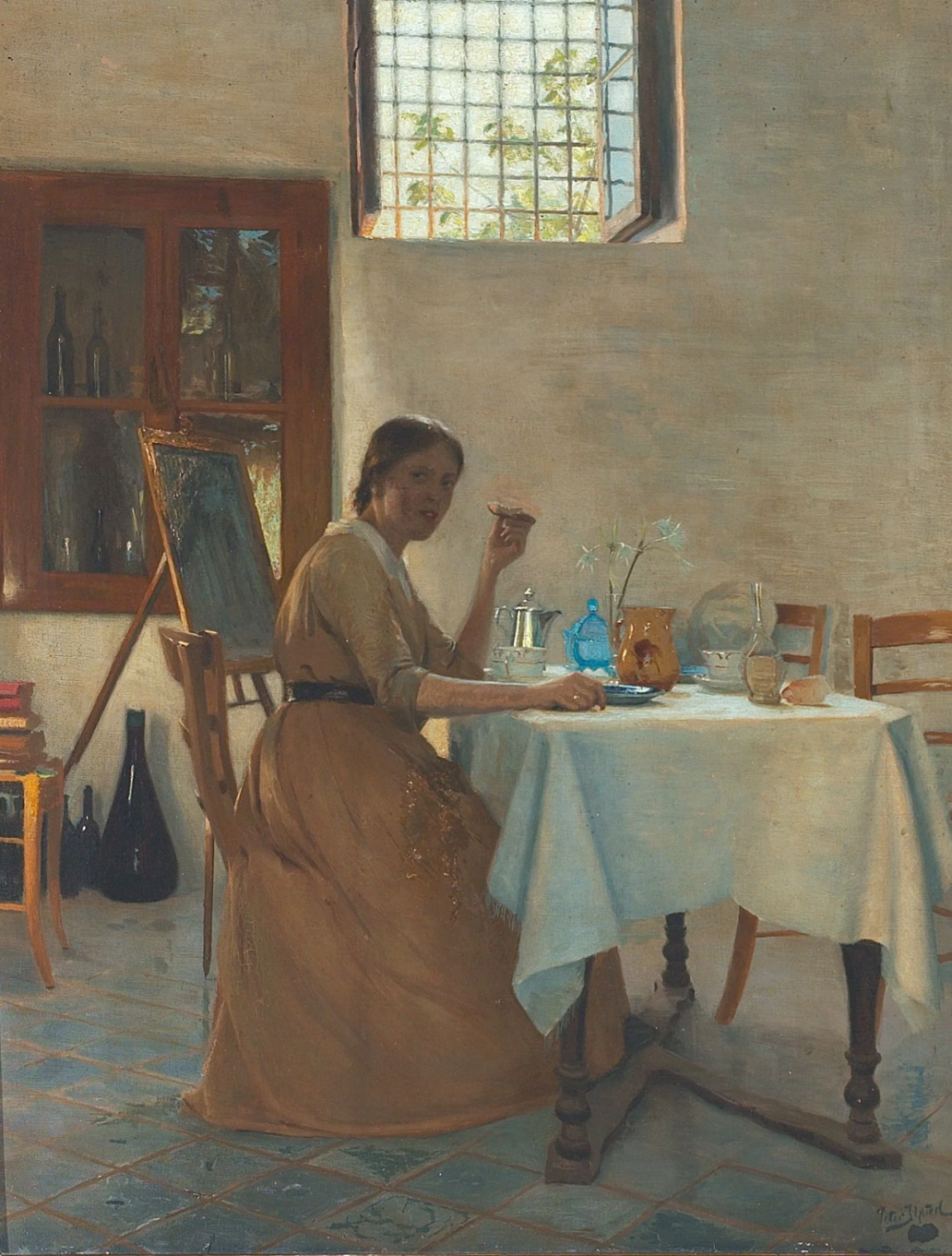 Peter Ilsted：艺术家的妻子在早餐桌旁，约 1891 年