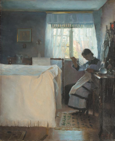 Peter Ilsted：在窗边做针线活的女士，1886年